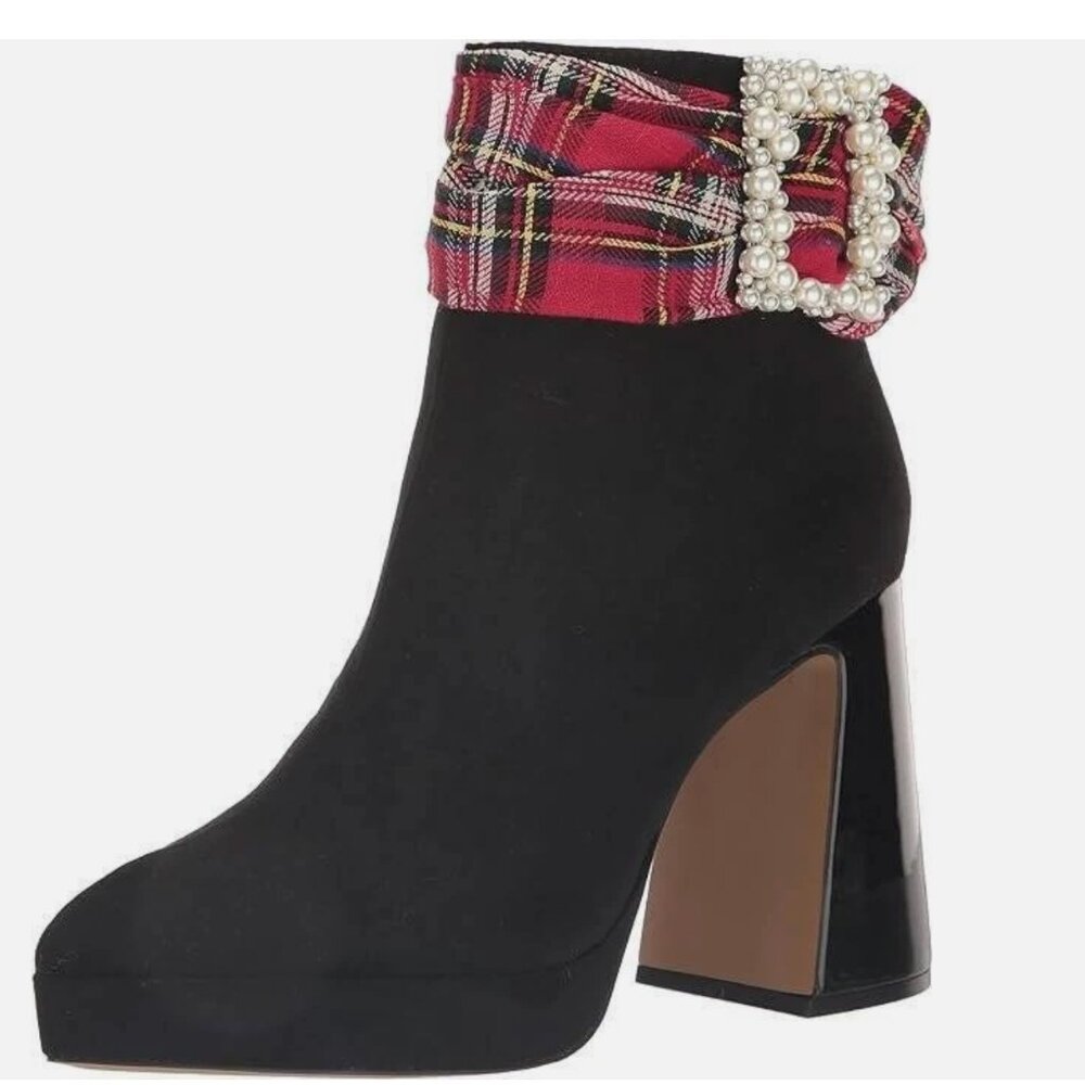Betsey Johnson Idris Ankle Boots Sz 7.5 M NIB Black Suede Red Plaid